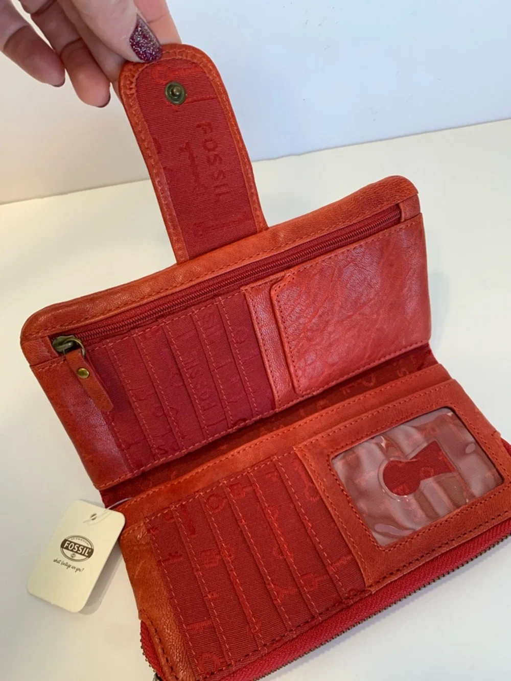 Fossil Red Scarlet Leather Penelope Wallet clutch with Robot Applique New NWT - Picture 9 of 16